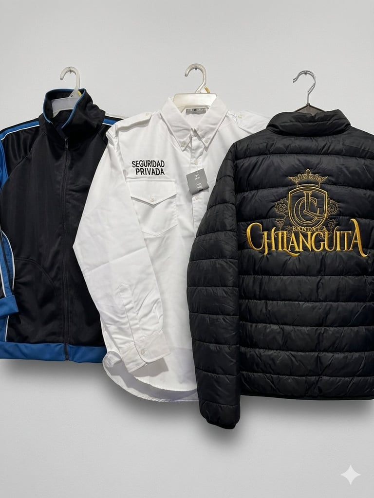 Three jackets on hangers displayed against a white background: a black and blue windbreaker, a white shirt with Seguridad Privada text, and a black puffer jacket with gold Chianguita logo