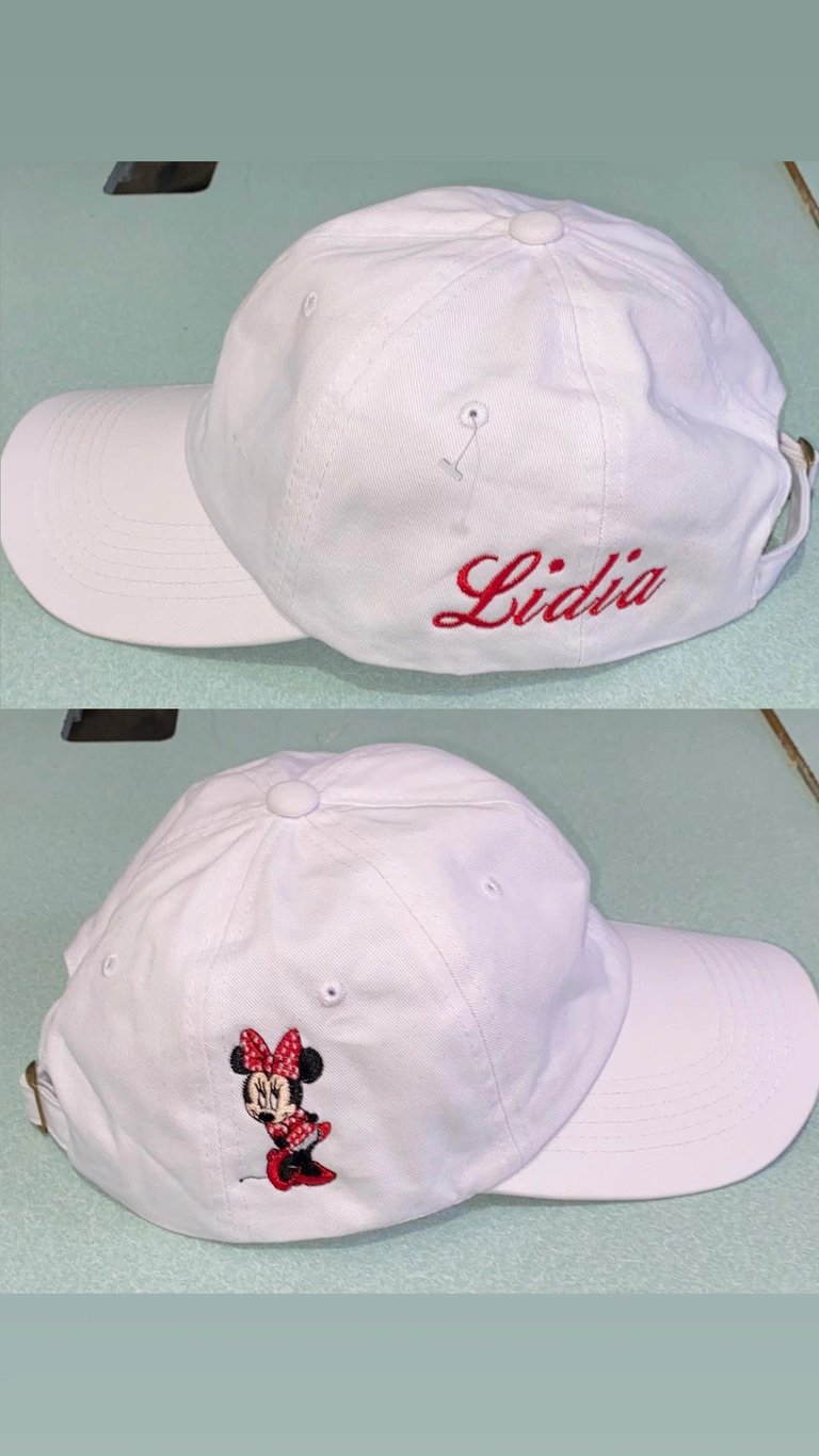 White baseball cap with Lidia text embroidery shown from front and back angles, featuring Minnie Mouse design on back