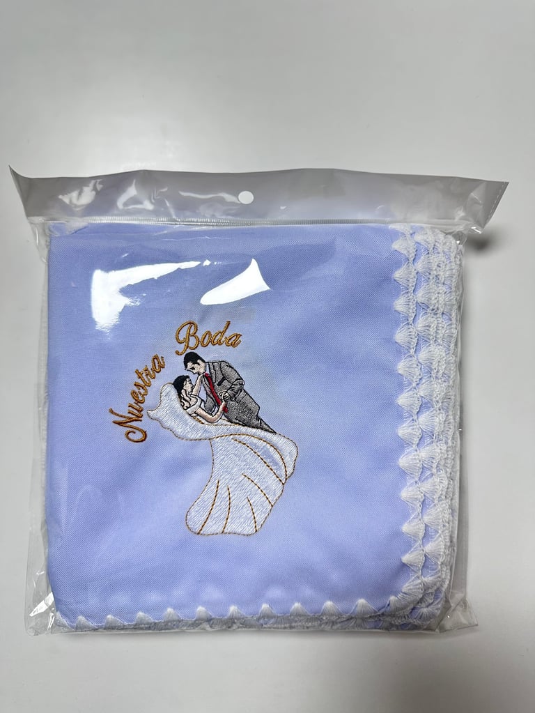 Light blue newborn swaddle blanket with embroidered bride and groom design, packaged in clear plastic