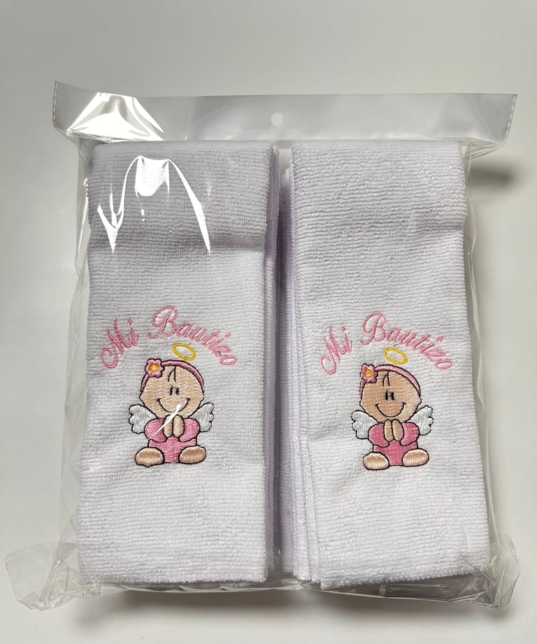 Two white baby receiving blankets in clear packaging featuring little princess design with pink text and yellow crown