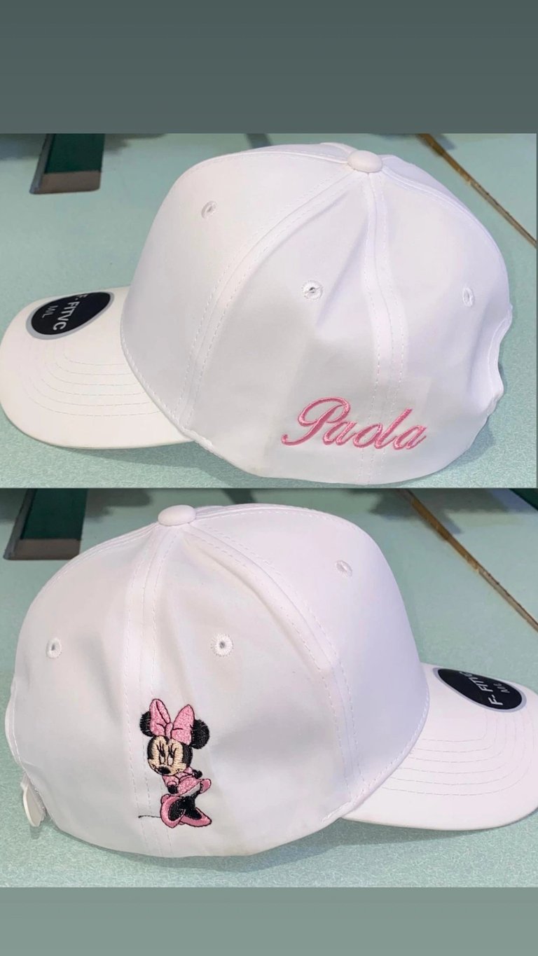 White baseball cap with pink Barbie script text and embroidered Minnie Mouse design, shown from two angles