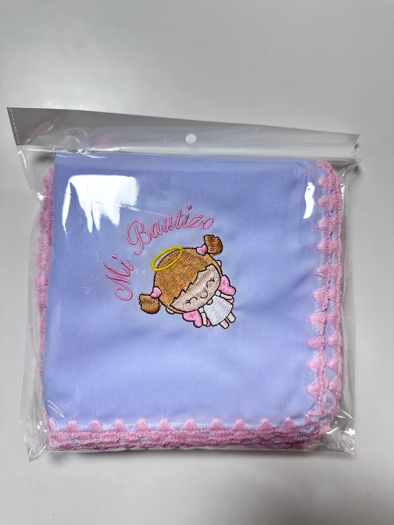 Purple baby blanket with embroidered girl character and Oh So Darling text, pink crocheted trim, packaged in clear plastic