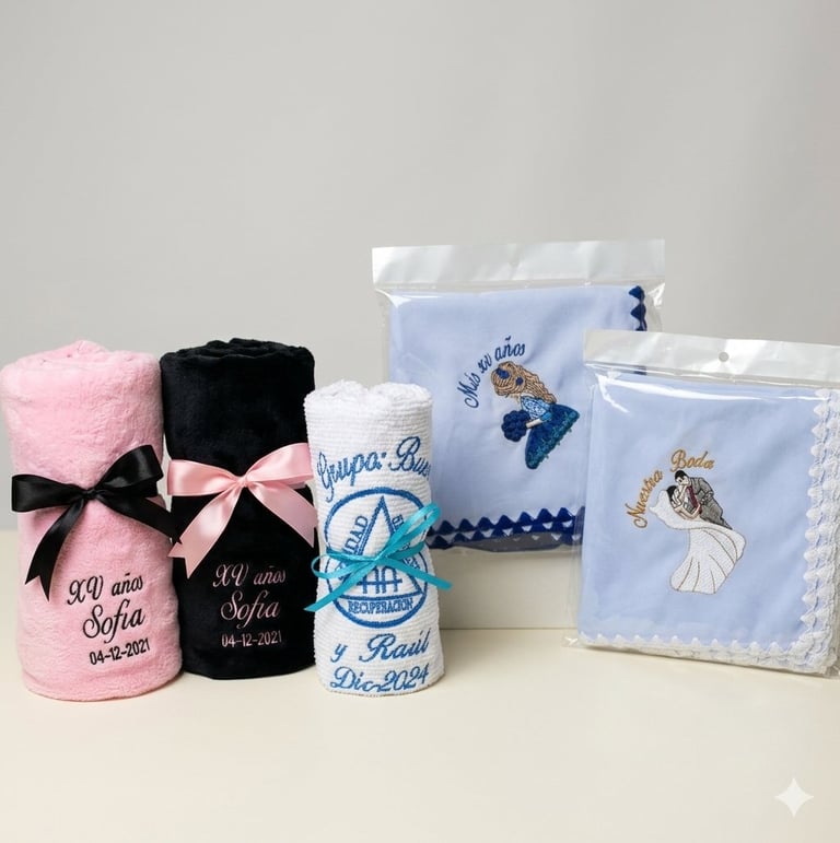 Collection of personalized gift items including pink and black towels with ribbons, decorative ceramic containers, and keepsake bags arranged on white surface