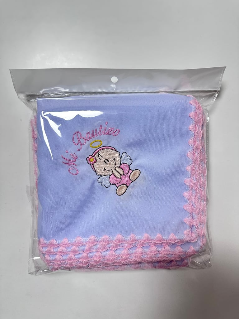 Blue baby blanket with pink trim and angel embroidery, packaged in clear plastic bag